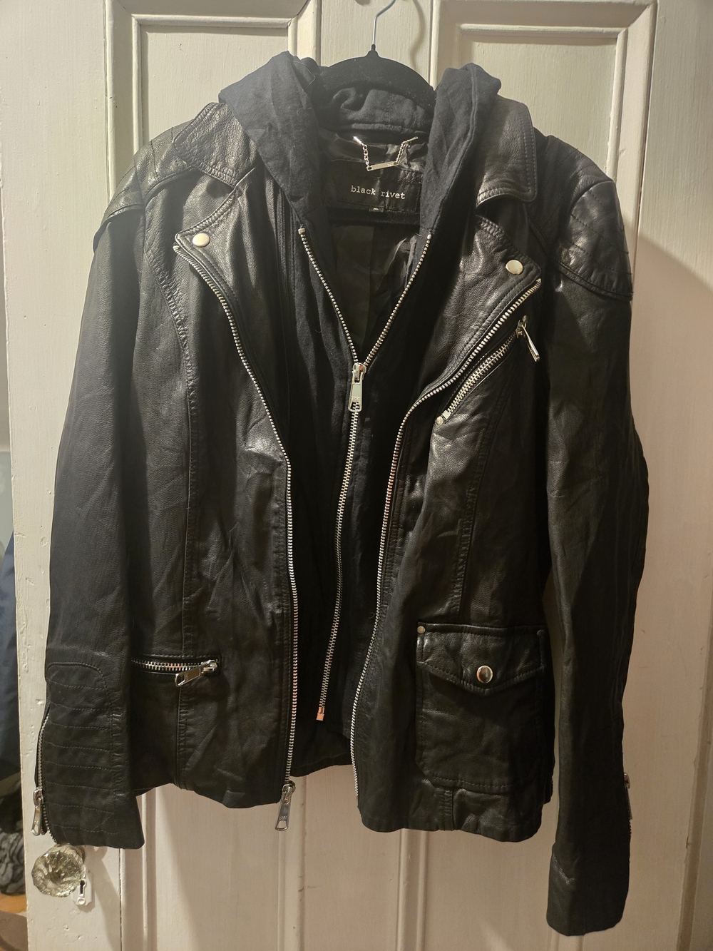 Black Rivet Black Leather Moto Jacket with Hoodie